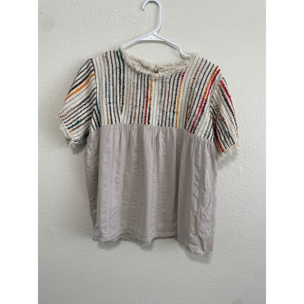 THML Babydoll Blouse Womens Large Beige Multicolor Excellent Fringe Stripe Top